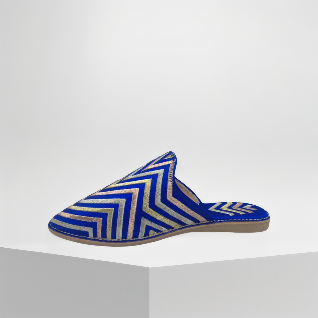 Handmade Moroccan Women’s Babouche – blue Zigzag Edition | Luxury Berber Slippers