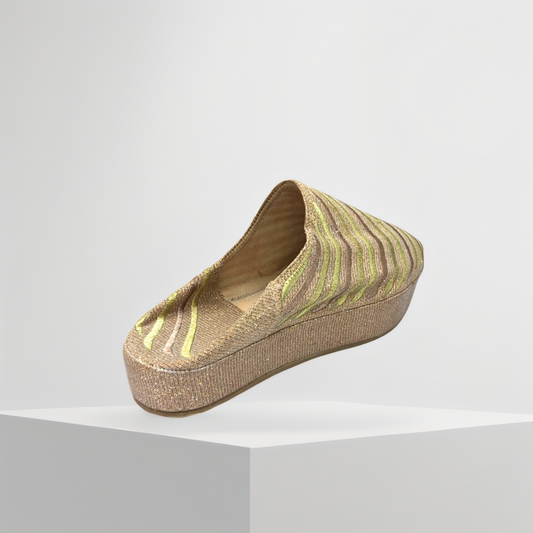 Handmade Moroccan Women’s Babouche Slippers – Metallic Bronze & Lime Edition | Elegant Berber Mules