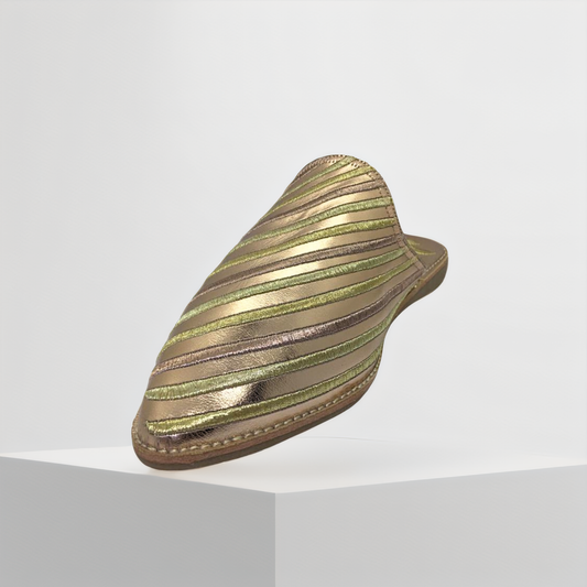 Handmade Moroccan Women’s Babouche – Gold Striped Edition | Luxury Berber Slippers