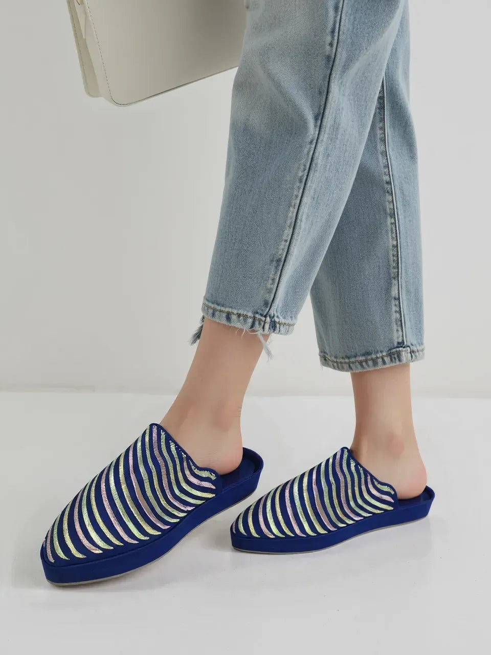 Handmade Moroccan Women’s Babouche Mule – Royal Blue Striped Edition | Luxury Berber Slippers