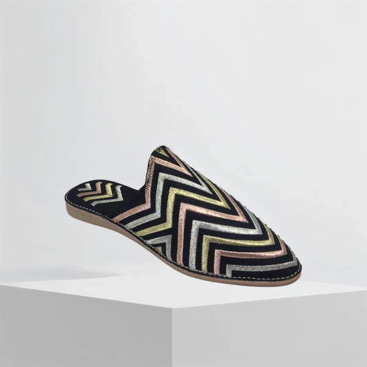 Handmade Moroccan Women’s Babouche – Black Zigzag Edition | Luxury Berber Slippers