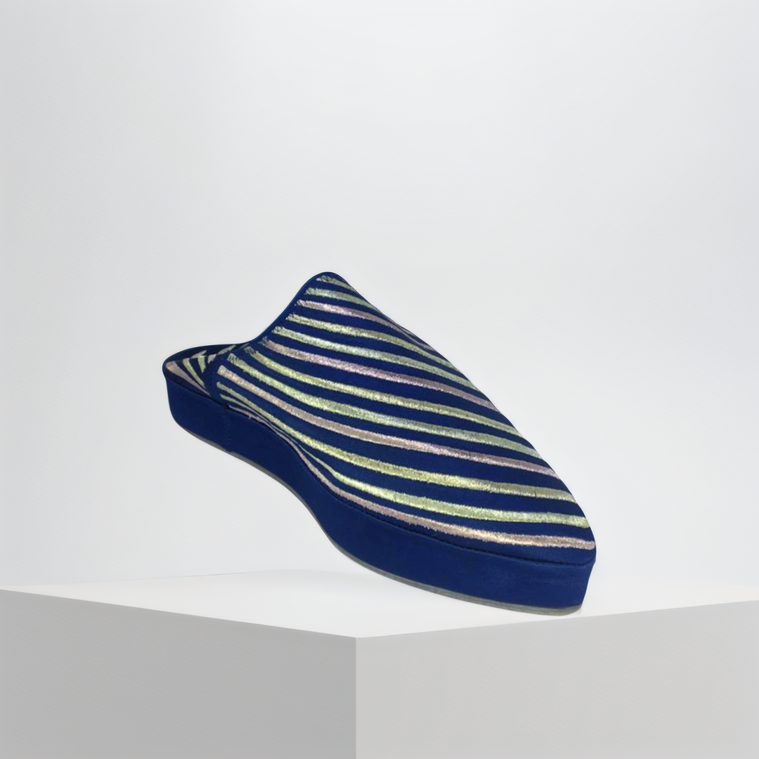 Handmade Moroccan Women’s Babouche Mule – Royal Blue Striped Edition | Luxury Berber Slippers