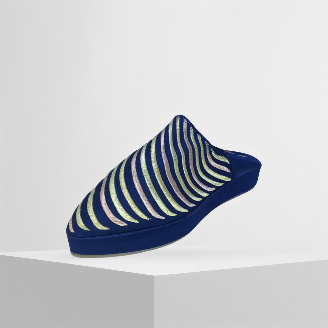 Handmade Moroccan Women’s Babouche Mule – Royal Blue Striped Edition | Luxury Berber Slippers